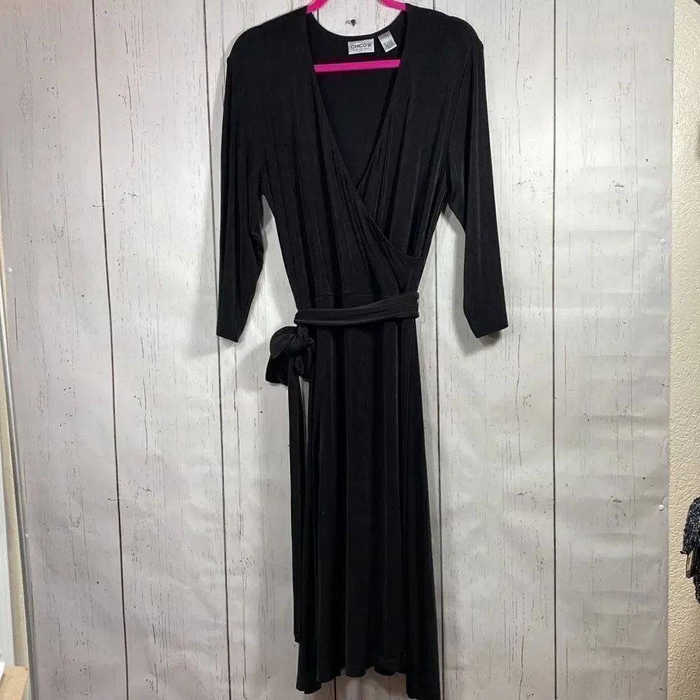 Chicos Black Faux Wrap Tie Waist Midi Dress Career Minimalist Travel Size L
